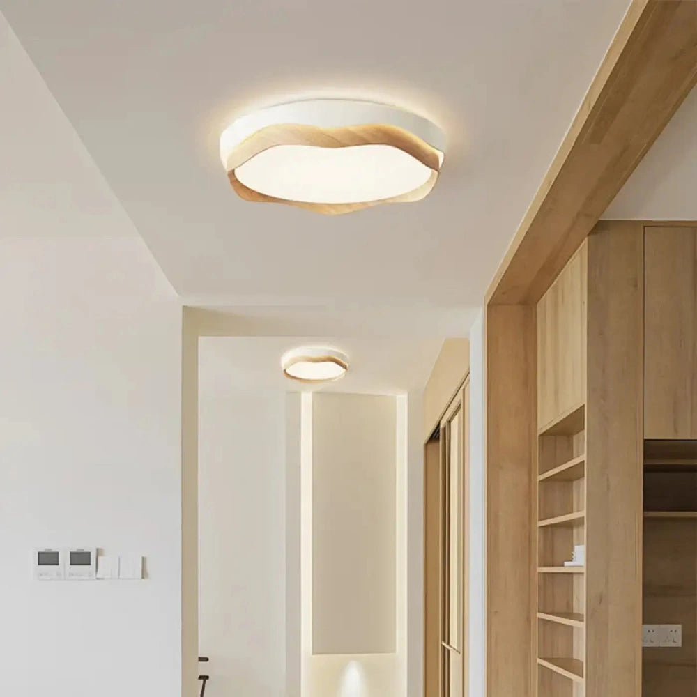 Lustre plafonnier bois ondulé blanc naturel LED rond