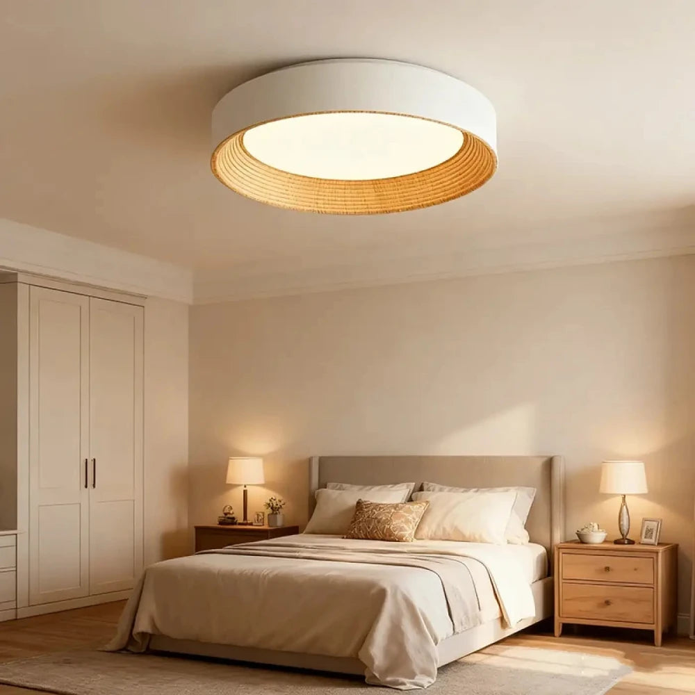 Lustre plafonnier rotin rond naturel tressé blanc chaud