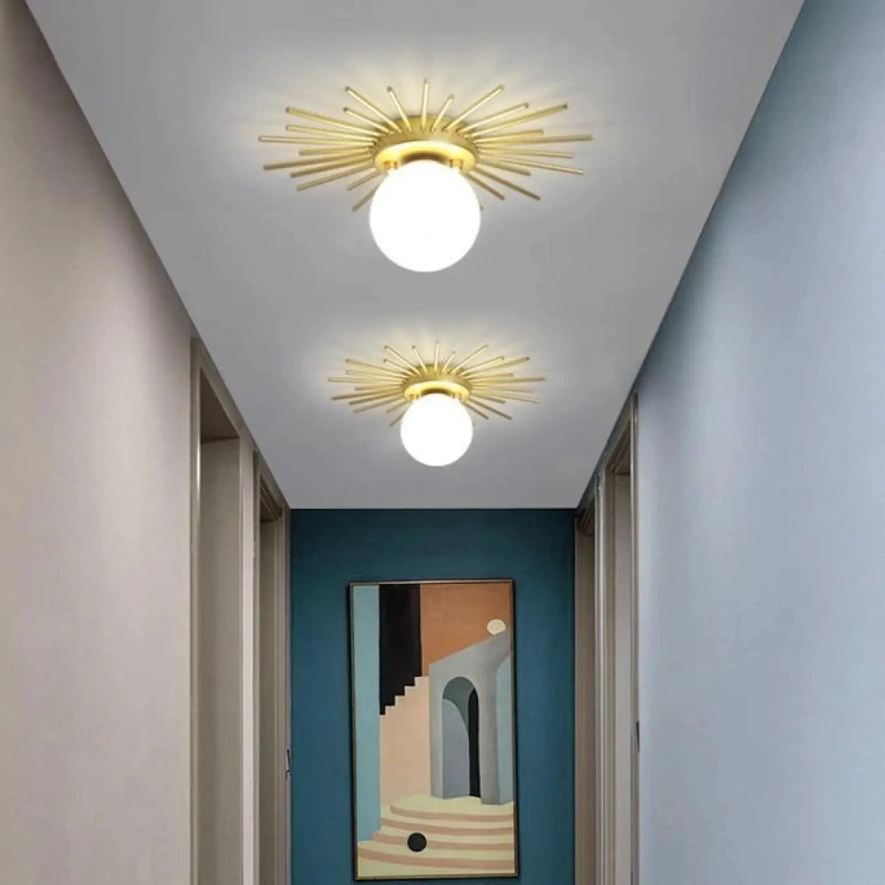 Lustre Plafonnier Soleil Laiton Opalin Dore