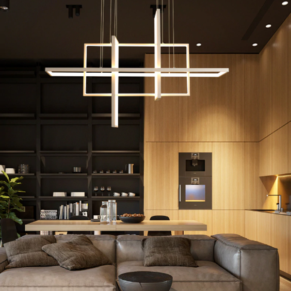 Lustre salon moderne LED suspendu rectangle éclairage géométrique contemporain
