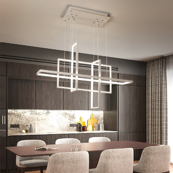Lustre salon moderne blanc aluminium éclairage métallique épuré design