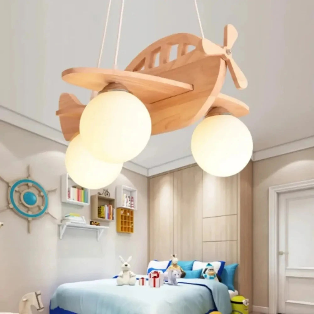 Lustre enfant avion bois acrylique globes multicolore