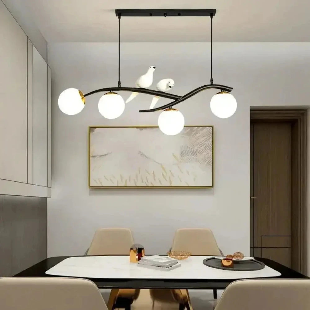 Lustre branche métal noir verre opalin oiseaux suspension salon

---