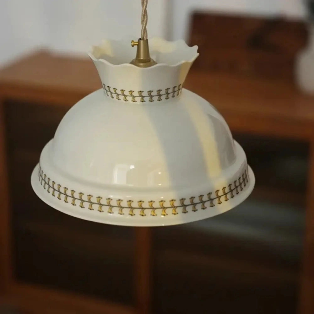 Lustre Salon Ceramique Cloche Dore Blanc