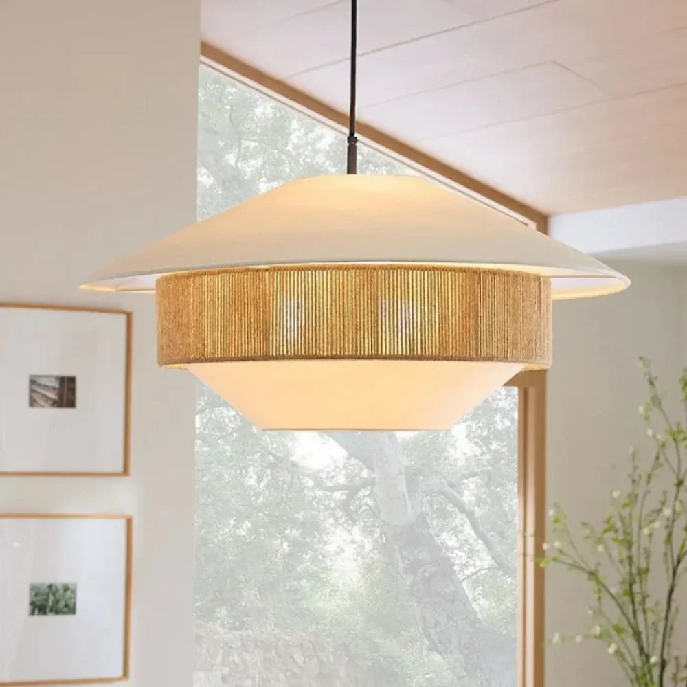 Lustre plafonnier jute tressé plat rond style japandi naturel