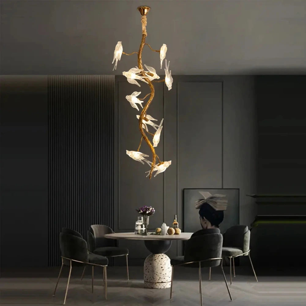 Lustre Salon Magnolia Verre Dore Oiseaux