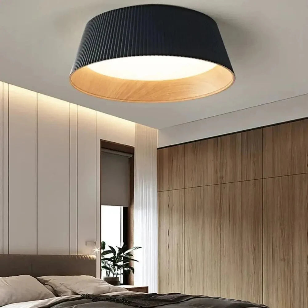 lustre salon plafonnier noir bois métal LED rond dimmable