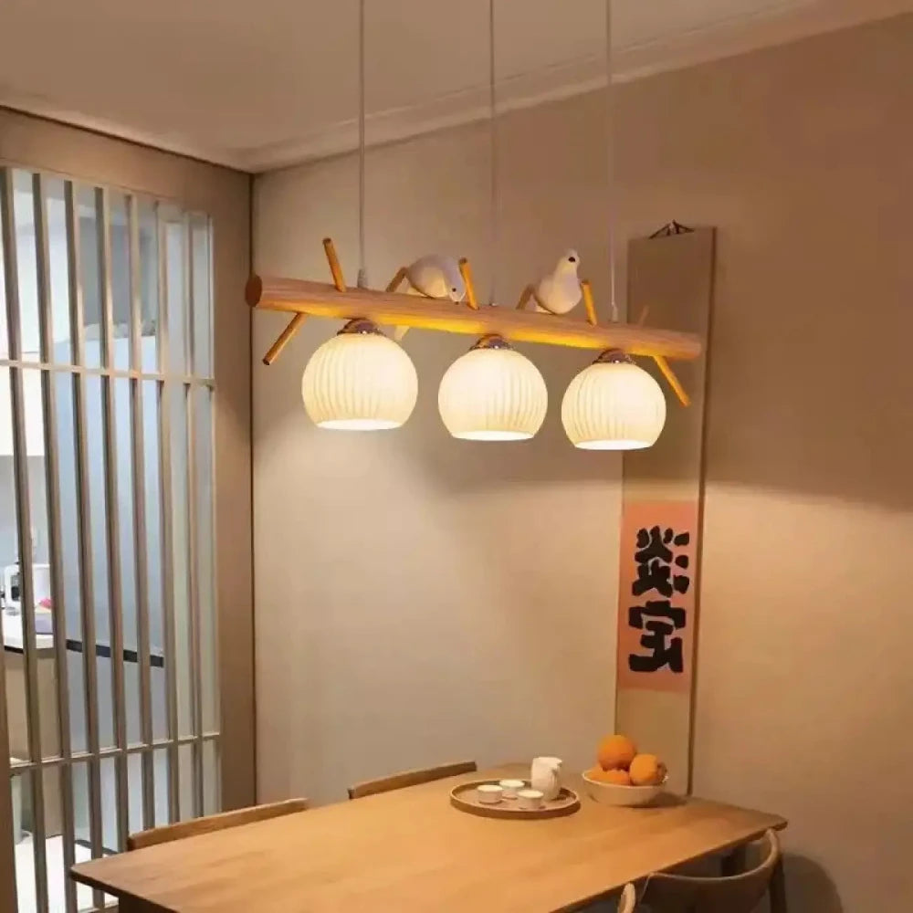 Lustre Salon Perche Bois Oiseaux Naturel