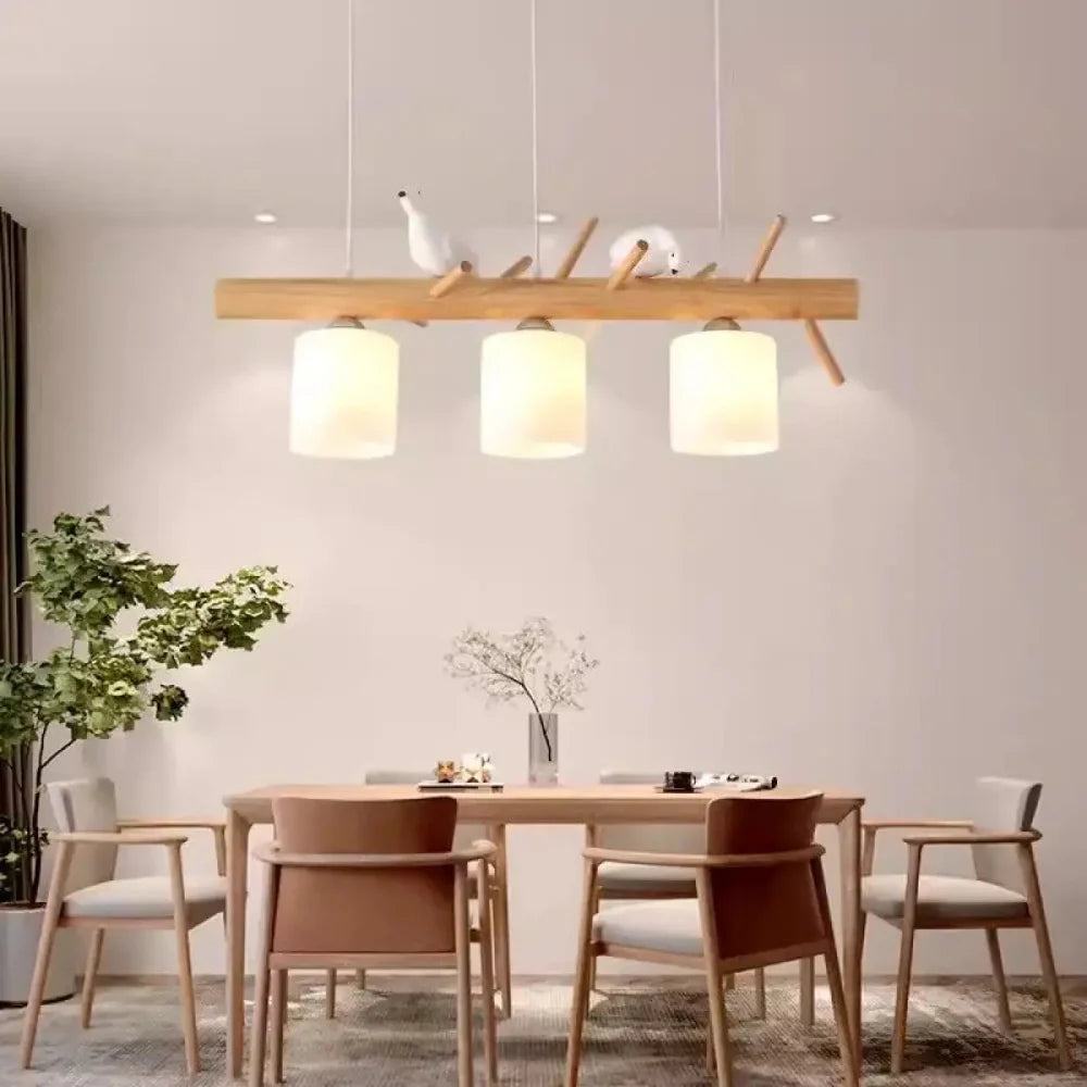 Lustre Salon Perche Bois Oiseaux Naturel