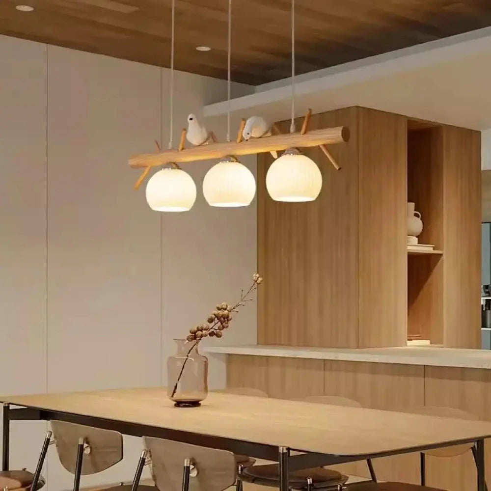 Lustre Salon Perche Bois Oiseaux Naturel