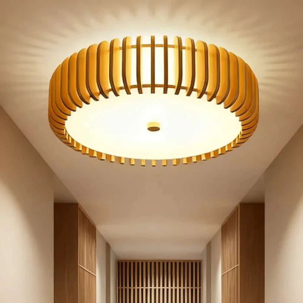 lustre salon plafonnier bois lattes naturel rond diffuseur acrylique blanc