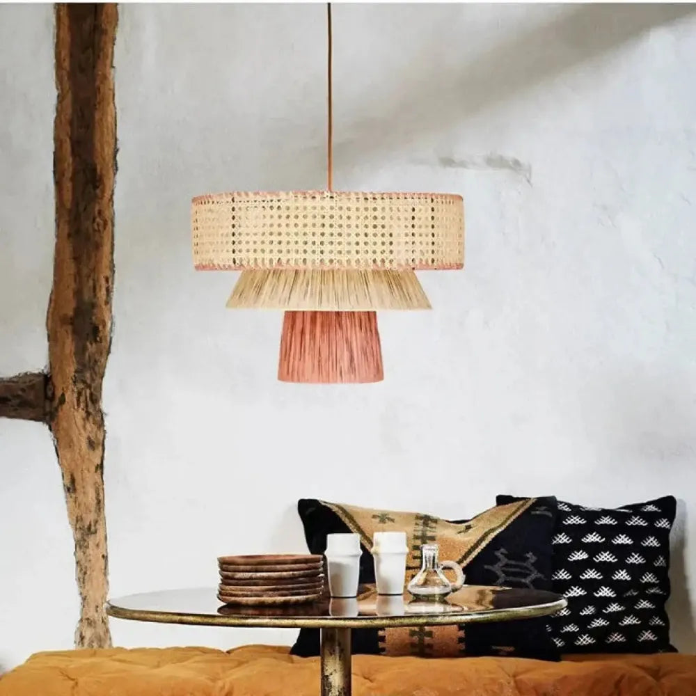 Lustre Salon Rotin Tambour Noir Franges