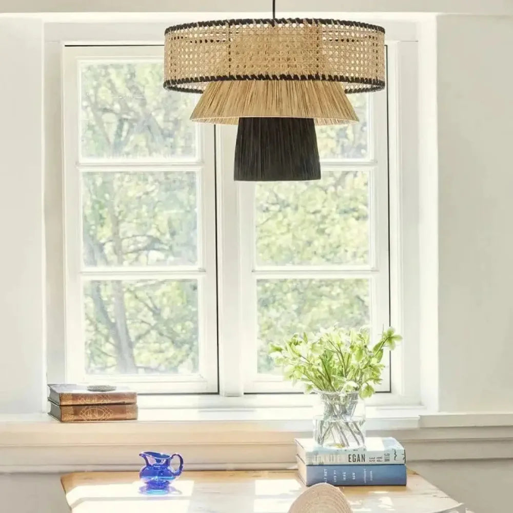 Lustre Salon Rotin Tambour Noir Franges