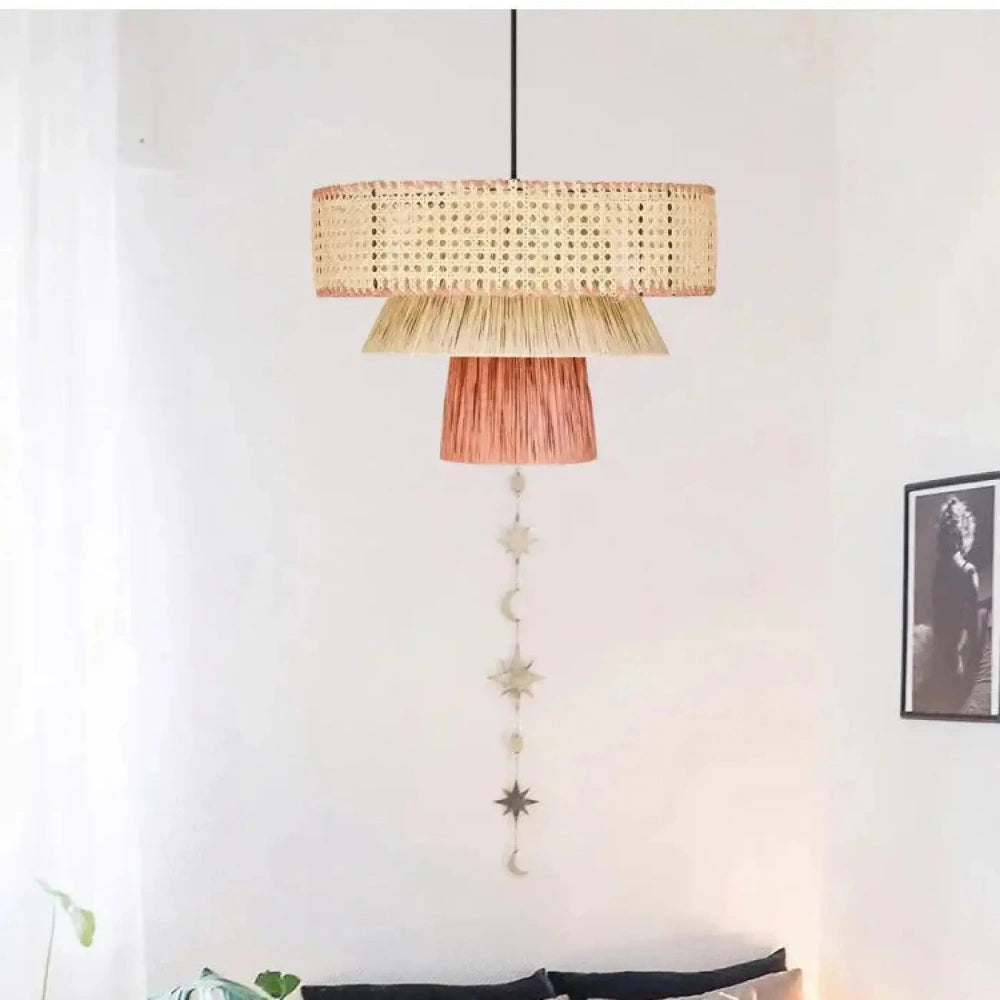 Lustre Salon Rotin Tambour Noir Franges