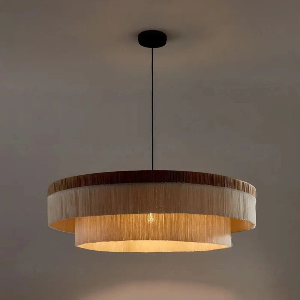 Lustre sisal franges tambour naturel suspension bohème