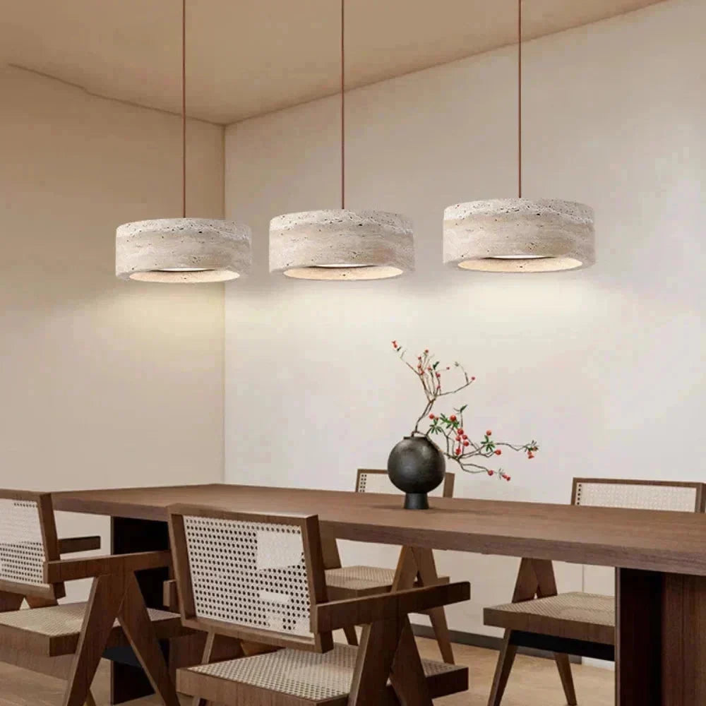 Lustre suspension cylindre travertin pierre naturelle veines minéral