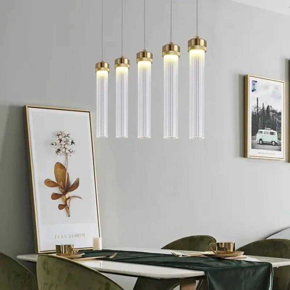 Lustre suspension tube verre laiton doré minimaliste