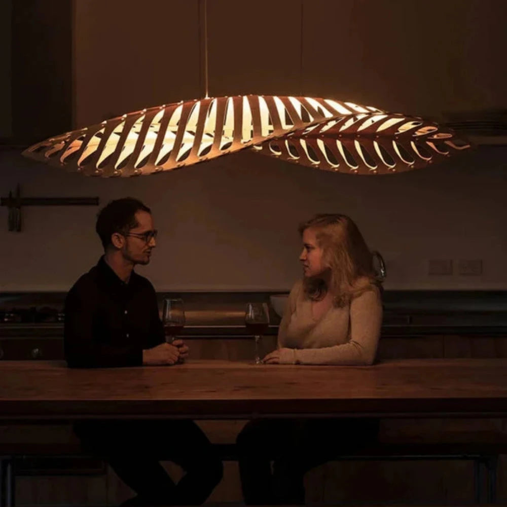 Lustre Suspension Bois Feuille Sculpte Naturel