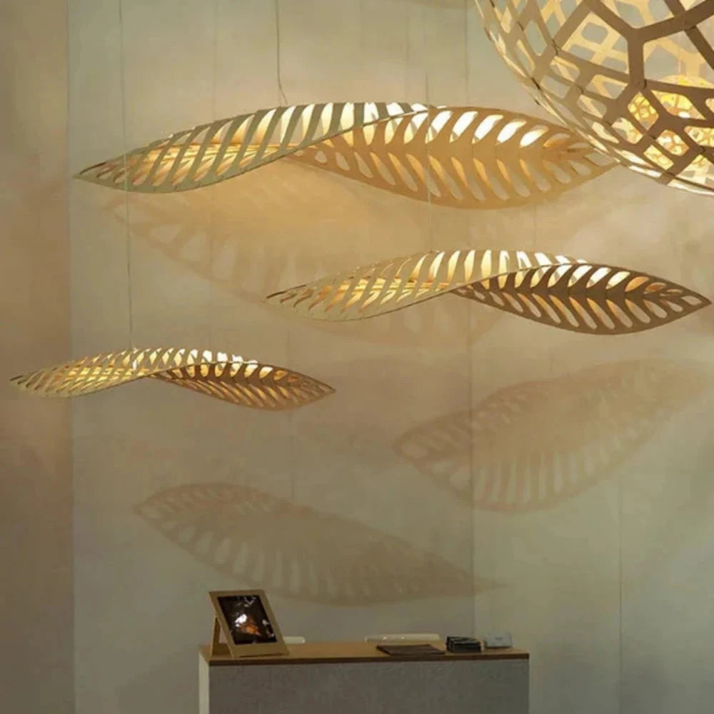 Lustre Suspension Bois Feuille Sculpte Naturel