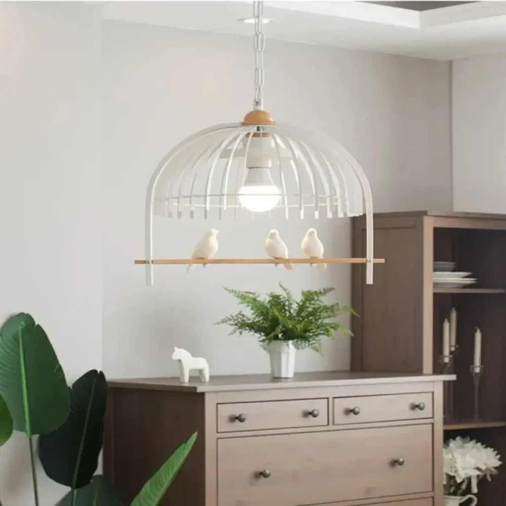 Lustre Suspension Cage Metal Blanc Oiseaux