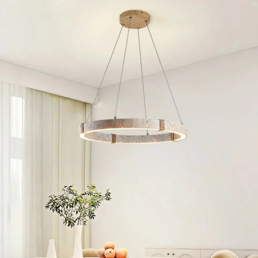 Lustre Suspension Cercle Travertin Bois Led