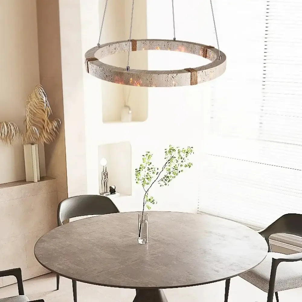 Lustre Suspension Cercle Travertin Bois Led