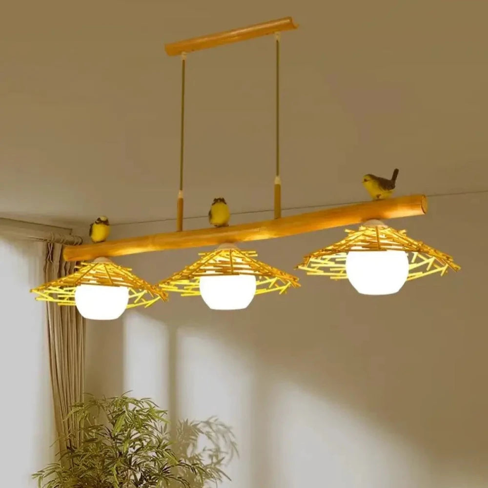 Lustre suspension bambou chapeaux oiseaux naturel zen`

---