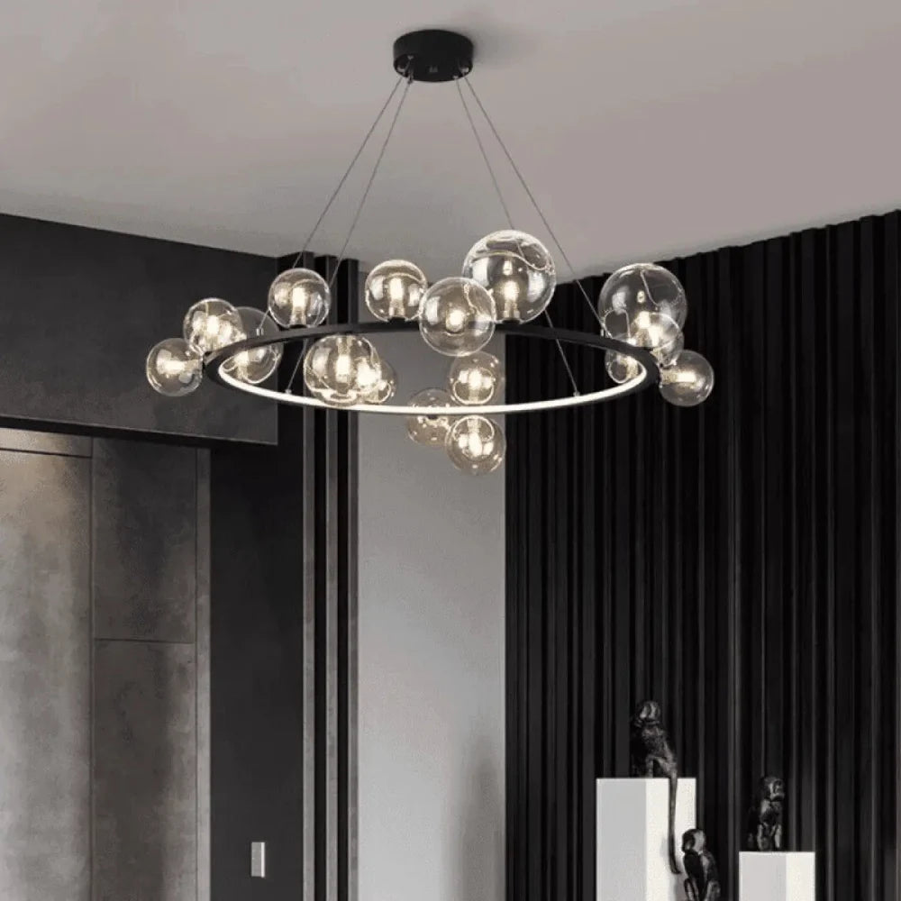 Lustre Suspension Couronne Globes Noir Opalin