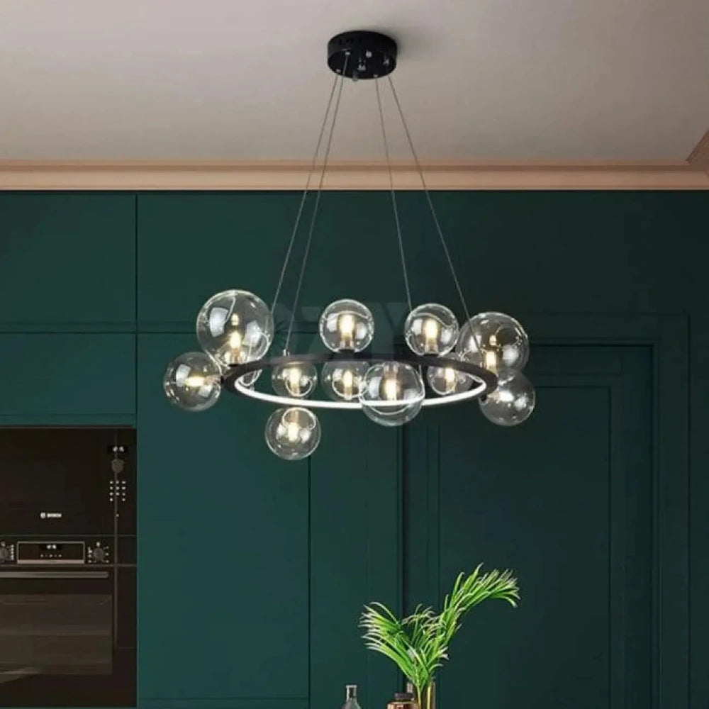 Lustre Suspension Couronne Globes Noir Opalin