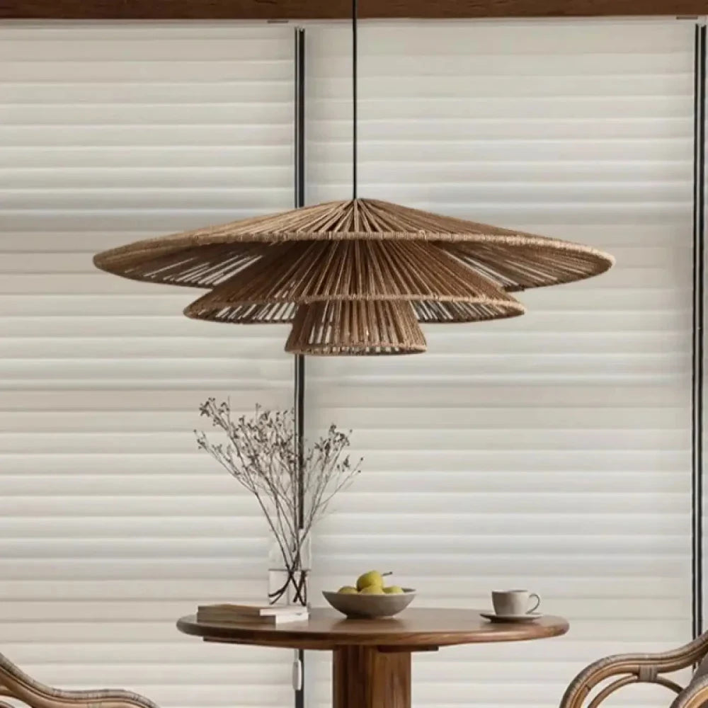 Lustre Suspension Eventail Rotin Tresse Naturel