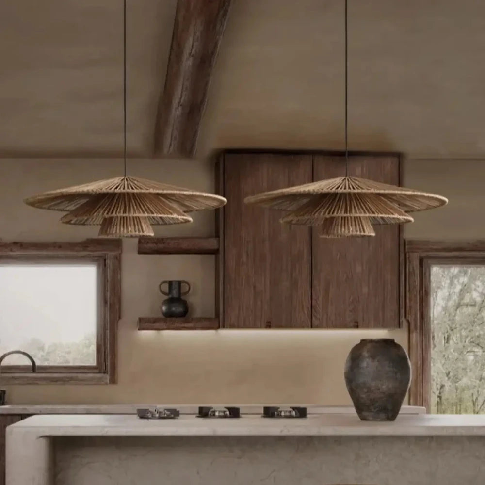 Lustre Suspension Eventail Rotin Tresse Naturel