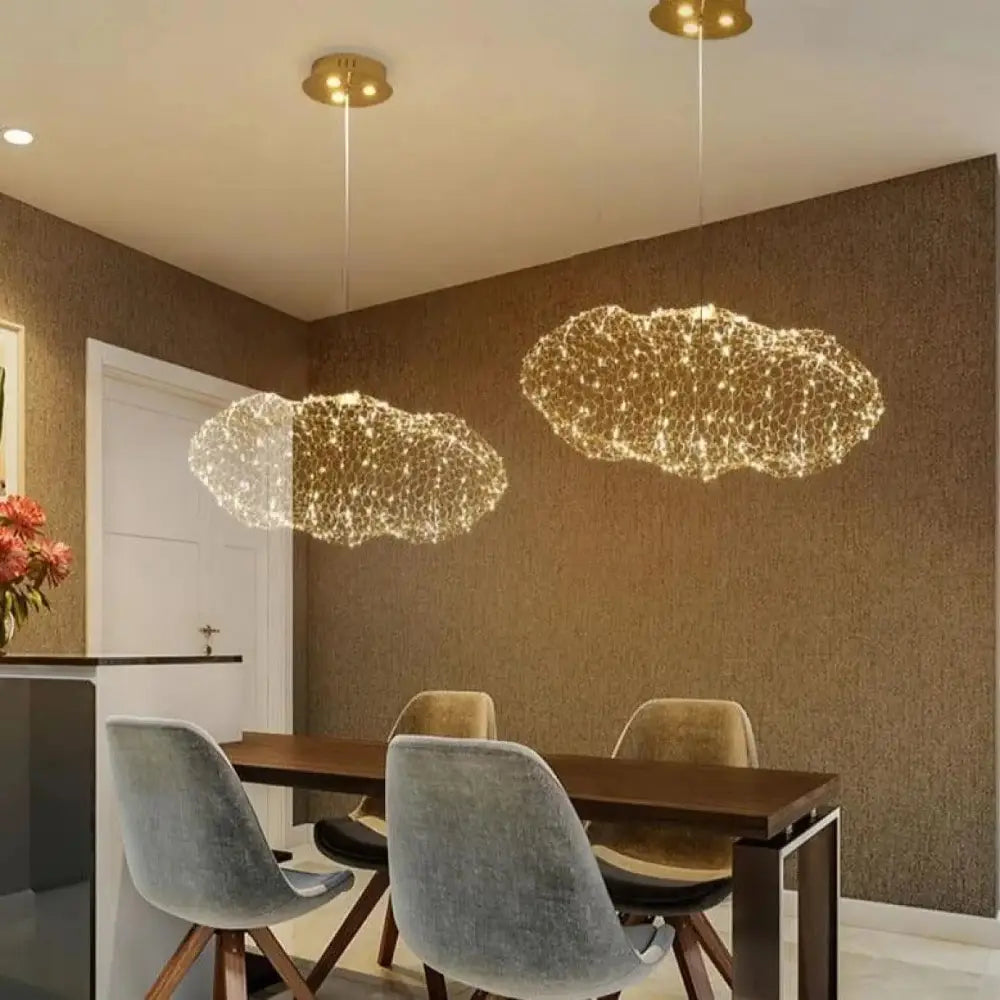 Lustre suspension aluminium nuage doré lumière chaude LED G9