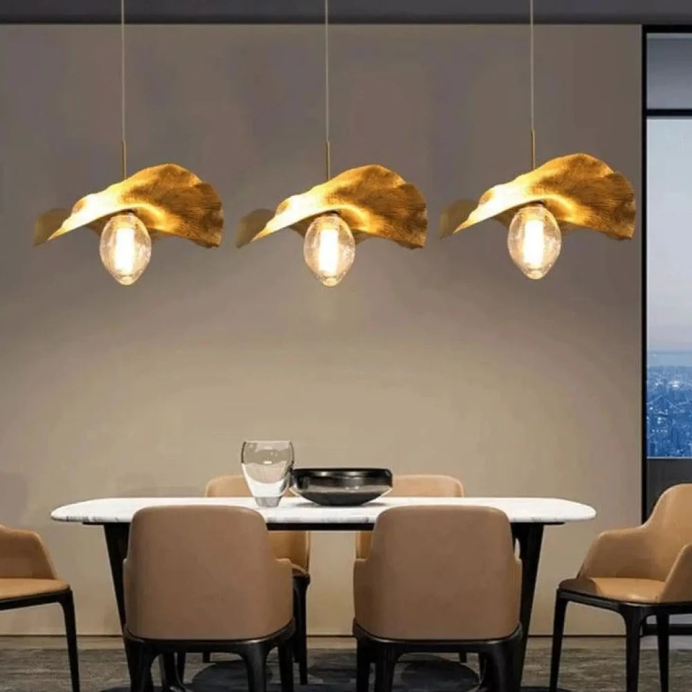 Lustre Suspension Feuille Metal Doree Verre