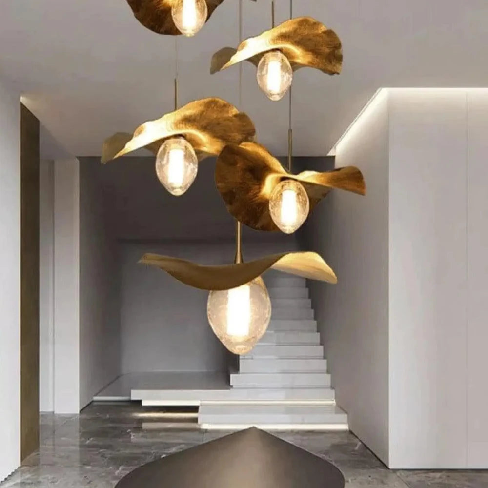 Lustre Suspension Feuille Metal Doree Verre