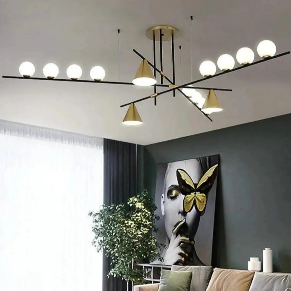 Lustre Suspension Metal Noir Or Boules Verre