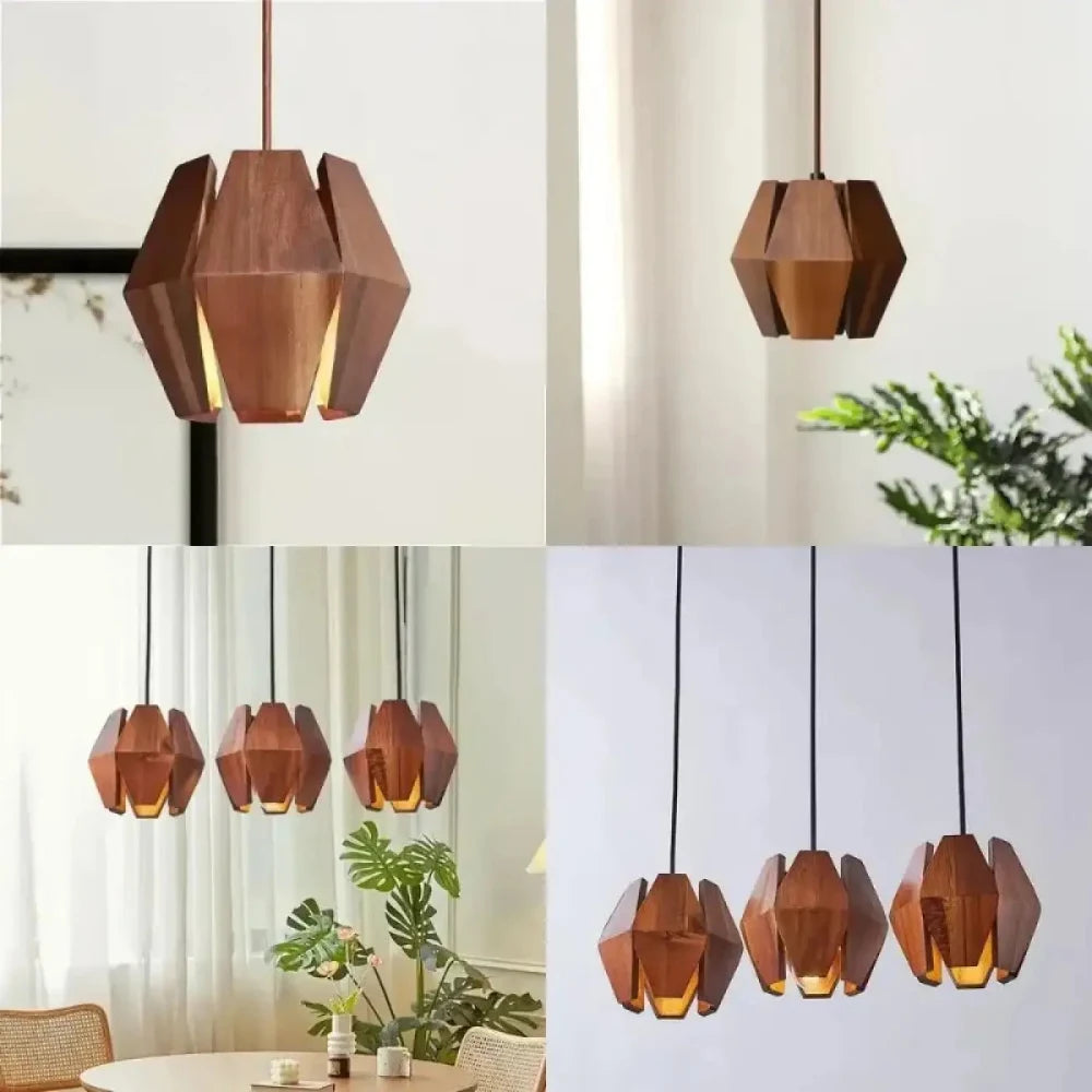 Lustre Suspension Noyer Sculpte Geometrique Fentes