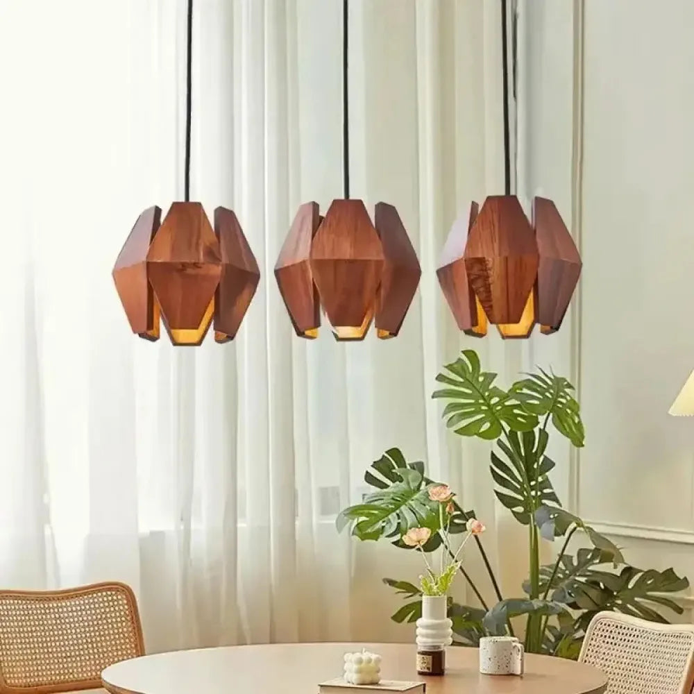 Lustre Suspension Noyer Sculpte Geometrique Fentes