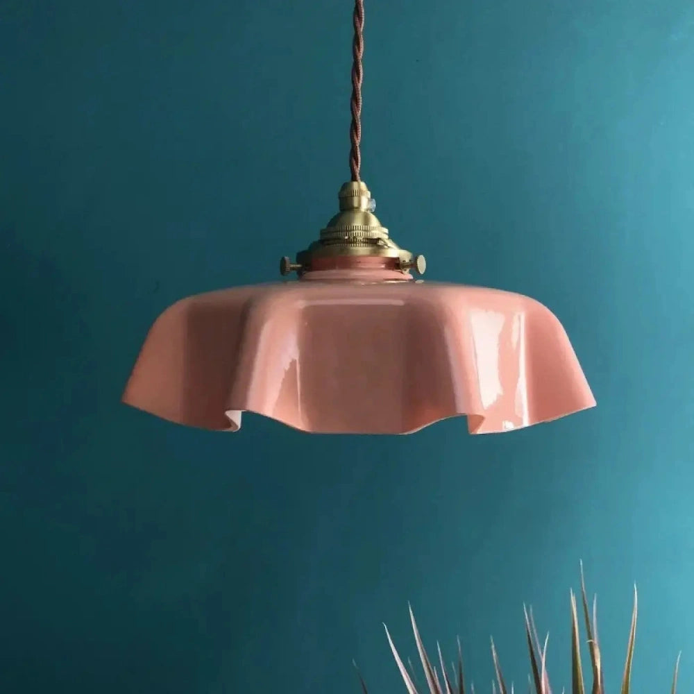 Lustre Suspension Opalin Chapeau Laiton Vintage