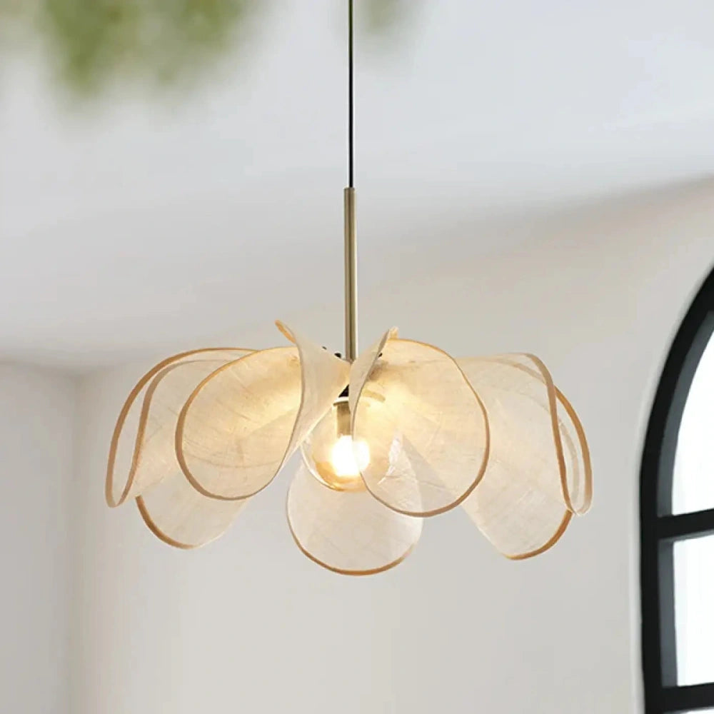 Lustre suspension organza pétale ivoire doré bohème
