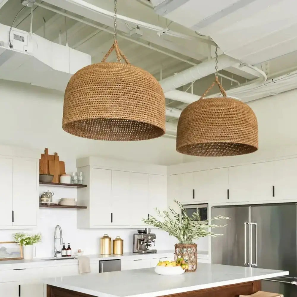 Lustre Suspension Osier Tresse Cloche Naturel