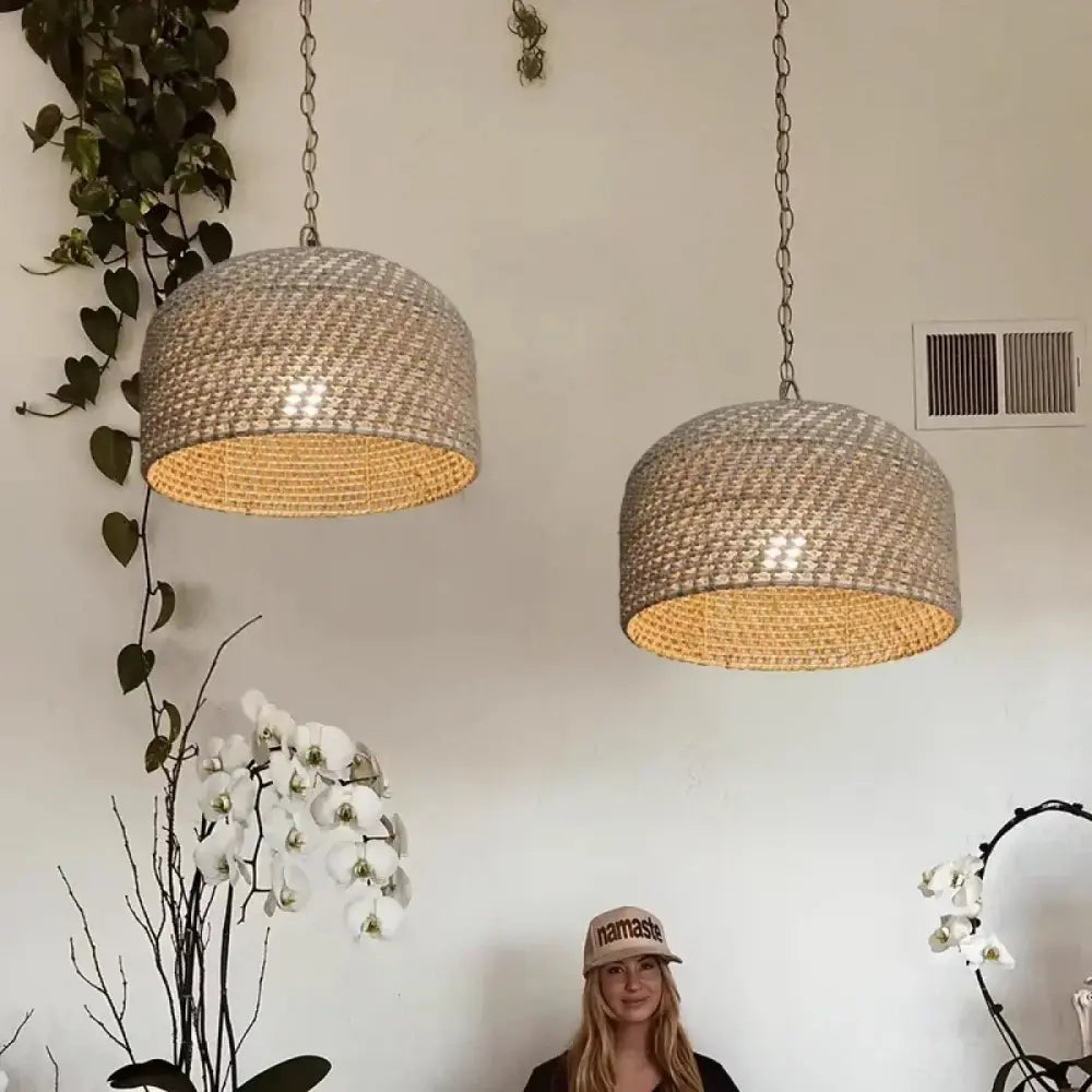 Lustre Suspension Osier Tresse Cloche Naturel