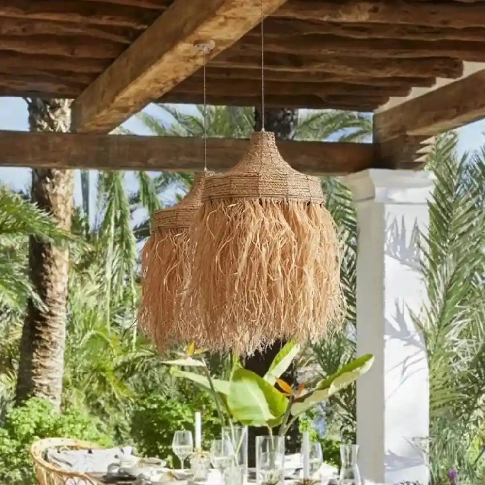 Lustre suspension raphia franges naturel style bohème