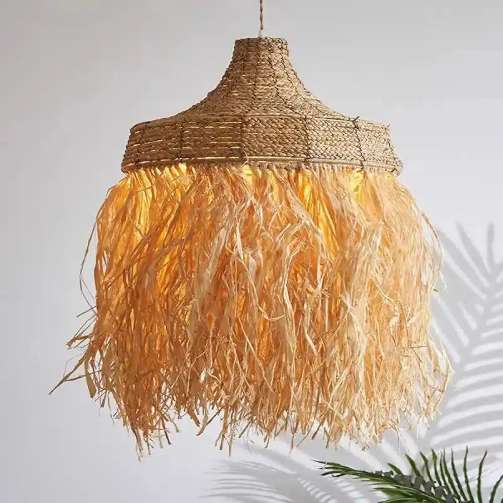 Lustre Suspension Raphia Franges Naturel Boheme
