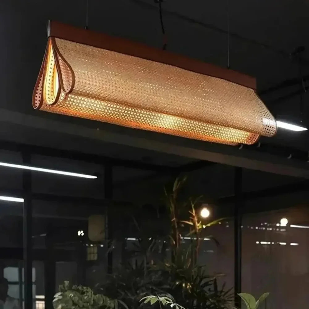 Lustre suspension rotin cannage cylindrique naturel linéaire