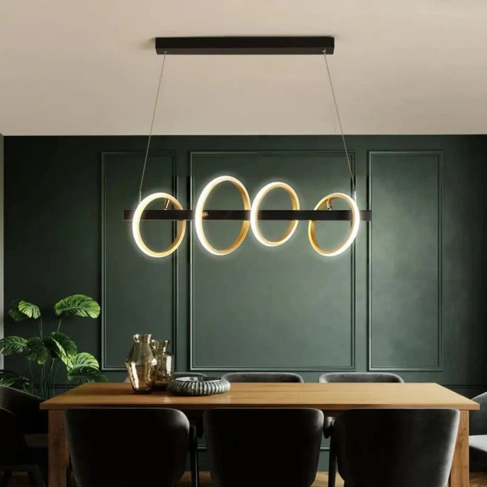 Lustre suspension anneaux laiton aluminium blanc chaud salon