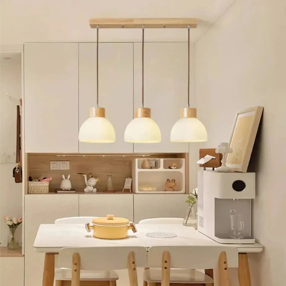 Lustre Suspension Triple Bois Cloche Blanc