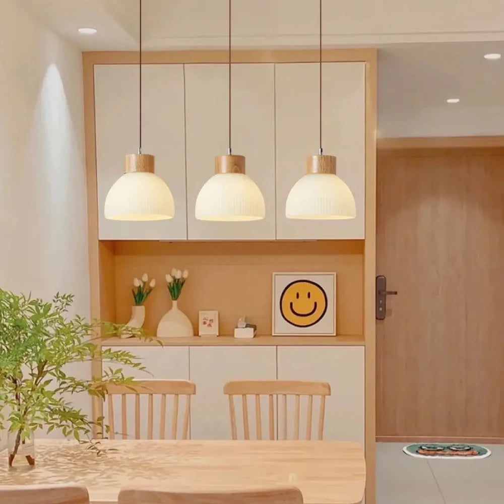 Lustre Suspension Triple Bois Cloche Blanc