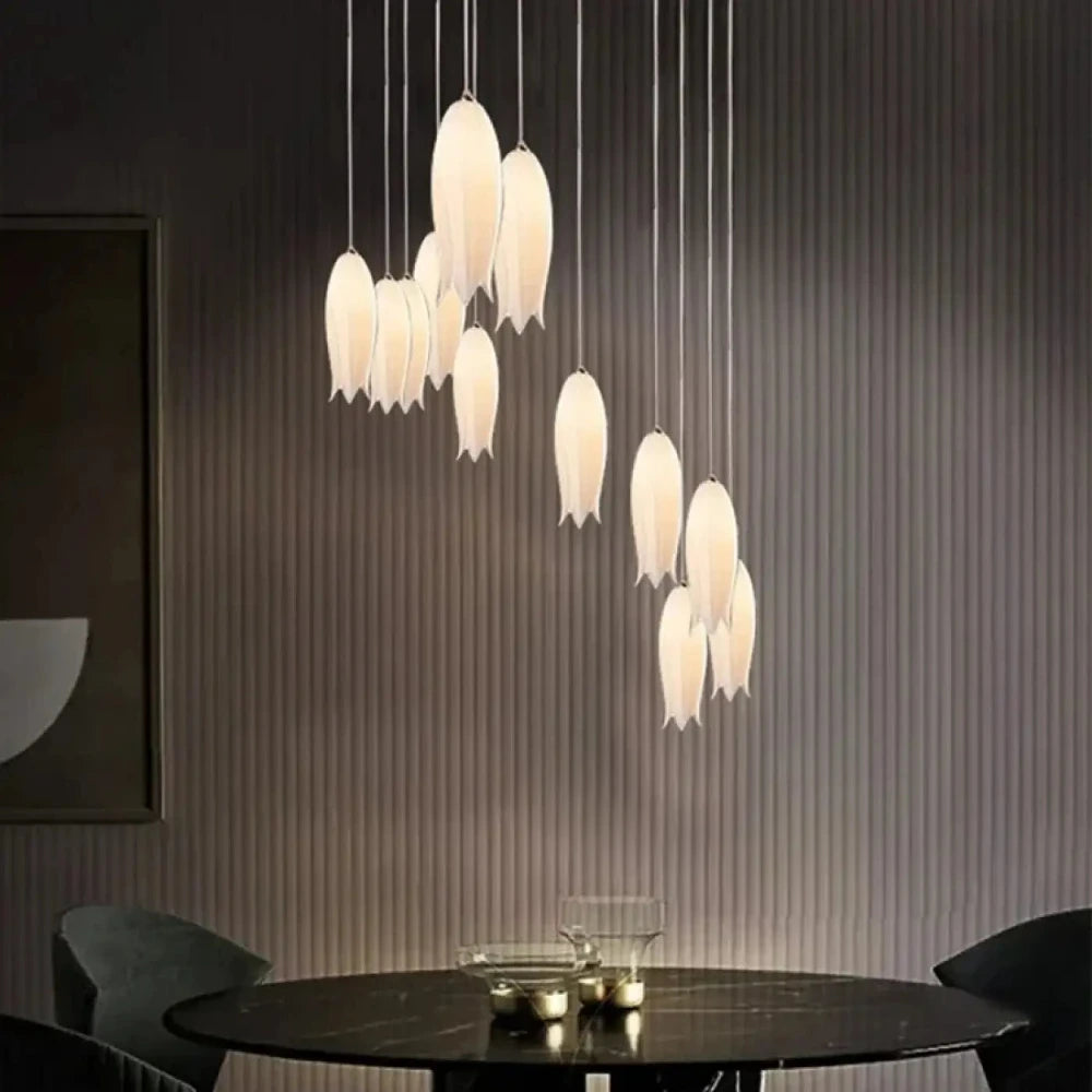 Lustre Suspension Tulipes Verre Blanc Cascade