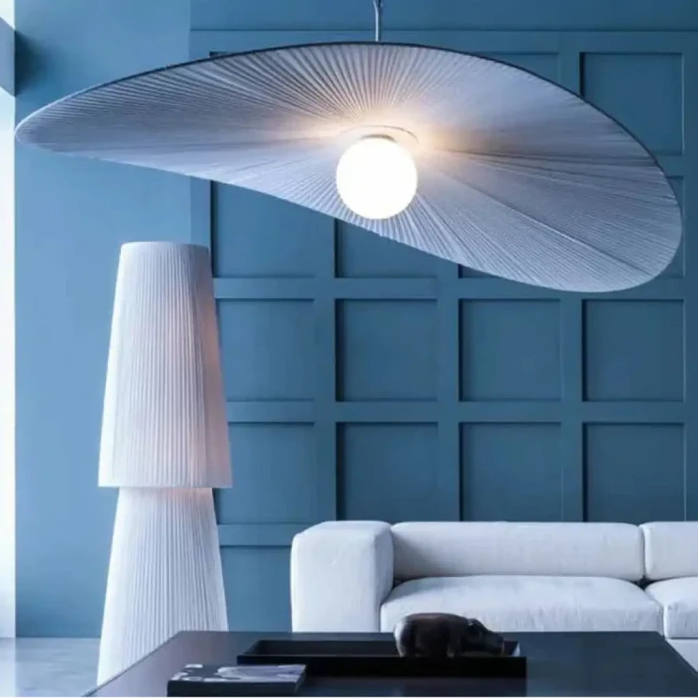 Lustre tissu blanc plissé forme chapeau japonais, diamètre 60 cm