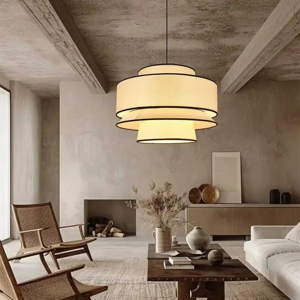 Lustre Tissu Etage Beige Contemporain Rond